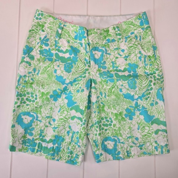 Lilly Pulitzer The Chipper Bermuda Shorts Limeade It's A Zoo SZ 0 Floral Animals - Picture 1 of 9